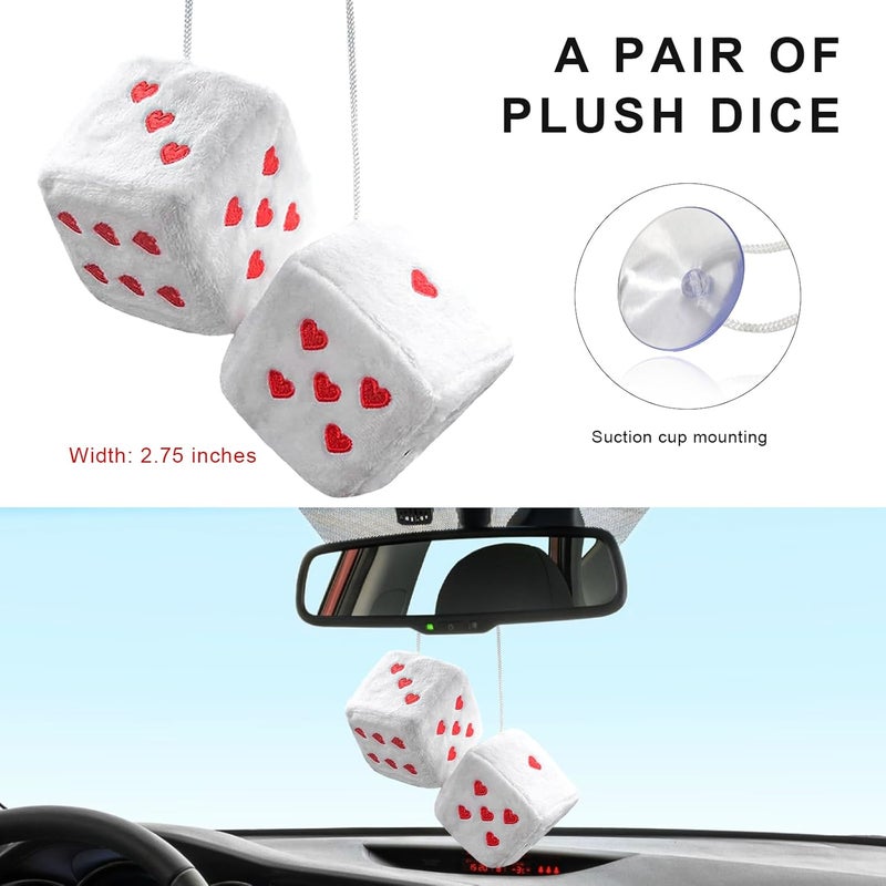 ZNDAW 2 PCS Fuzzy Plush Dice for Car Mirror, 2.75" Retro Square Heart Shape Car Rearview Mirror Cute Decor, Fluffy Dice Vehicle Hanging Ornament Decoration Interior for Women (White) - Image 2